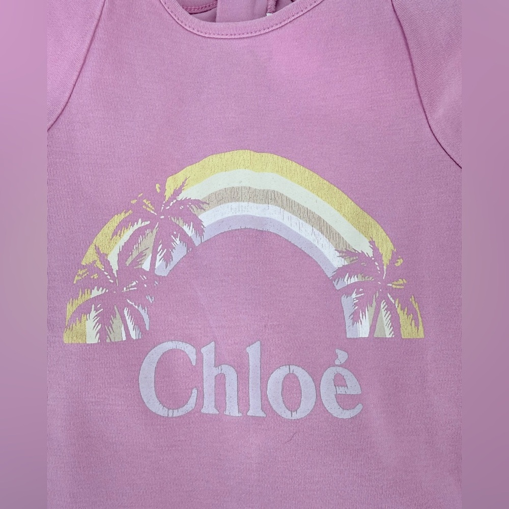Chloé Toddler Girl Pink Dress Sz 2 Rainbow Logo Graphic Flutter Sleeve Designer
